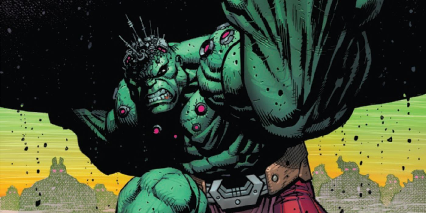 The Hulk carrying a boulder, wires sticking out of his head, in Marvel Comics