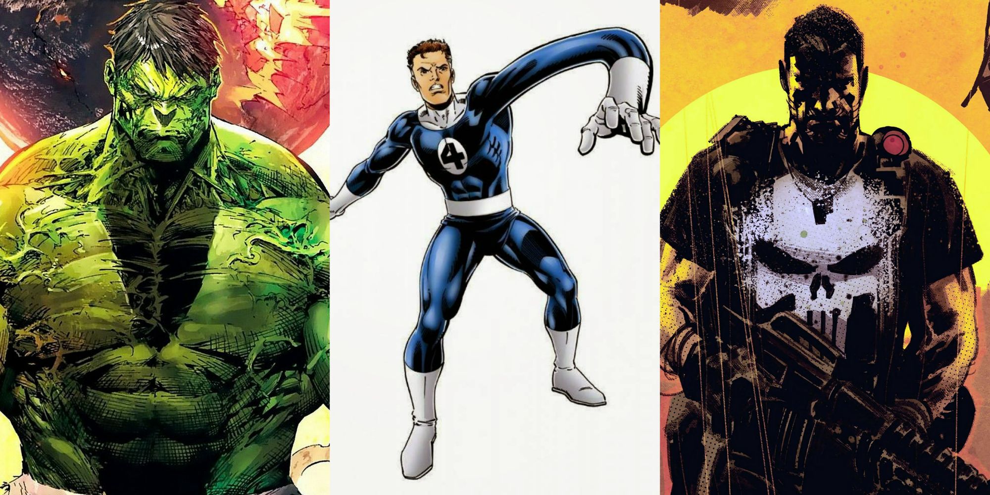 A split image of The Hulk, Mister Fantastic, and Punisher in Marvel Comics