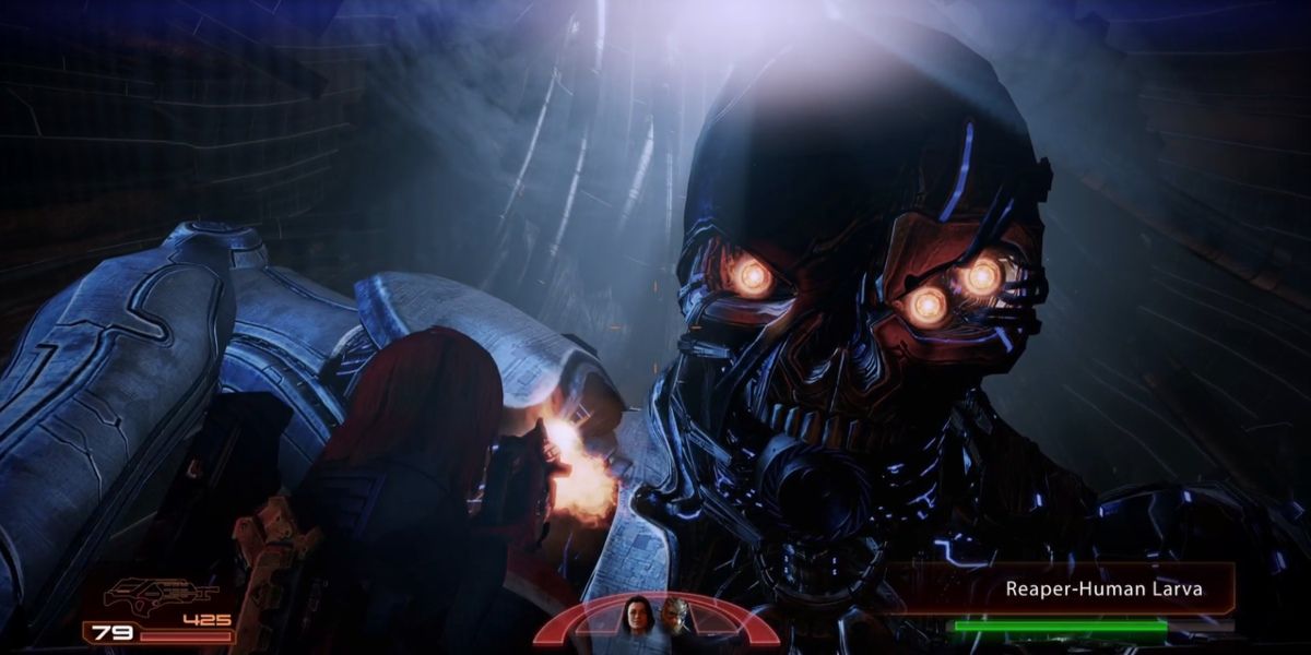 Le boss Human Reaper avec ses yeux de point faible dans Mass Effect 2