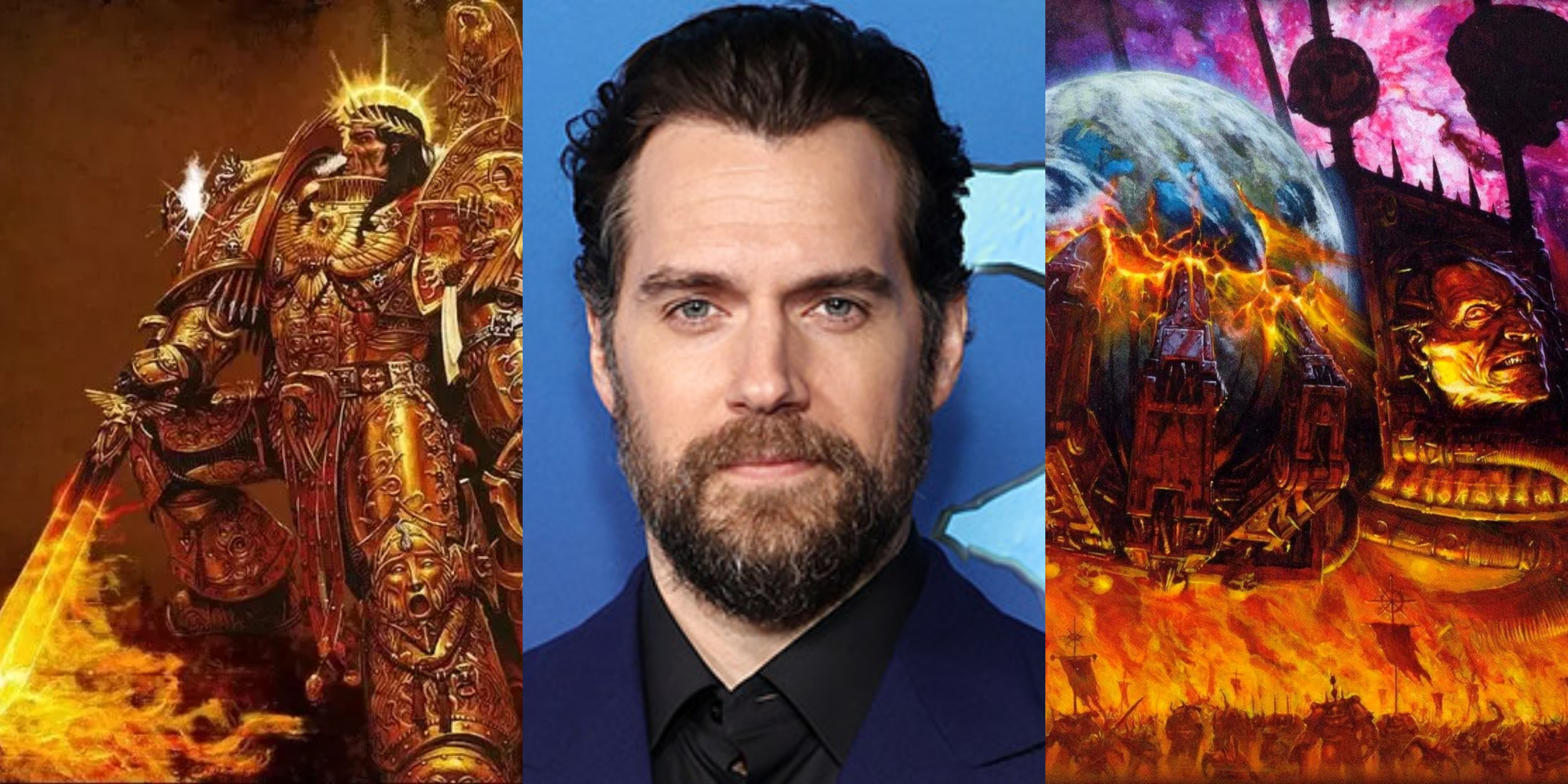 A split image of The Emperor, Henry Cavill, and Abaddon in Warhammer 40K
