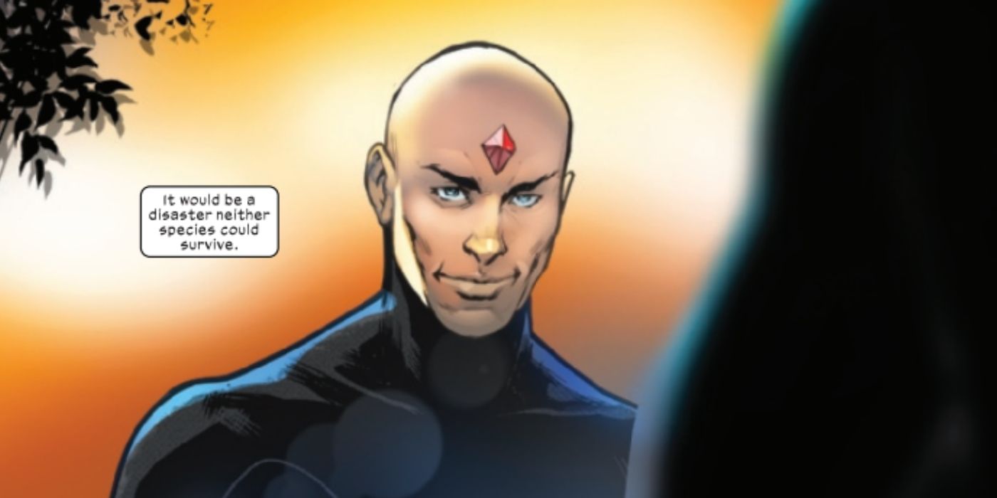 Immortal X-Men 10 panel showing Xavier with a Sinister gem on his forehead