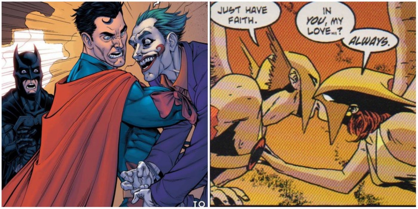 A split image of Injustice Superman killing Joker and Hawkman with Hawkgirl in DC Comics