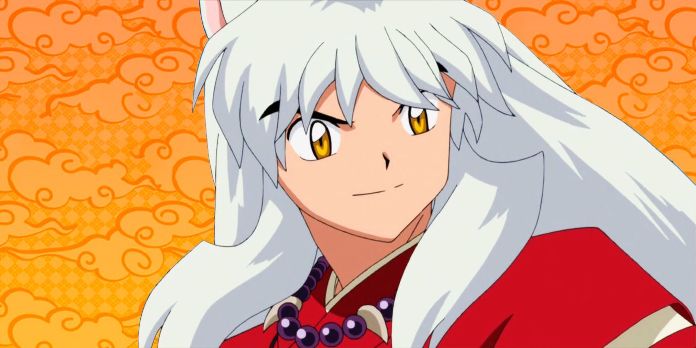 Inuyasha in front of cloudy orange background.