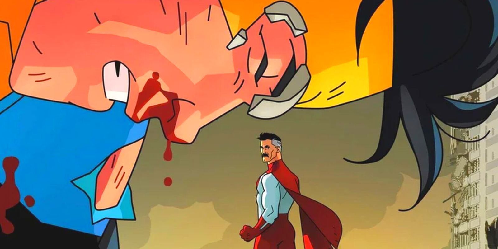 Invincible grimaces in pain, his nose bleeding, as Omni-Man watches on, unscathed