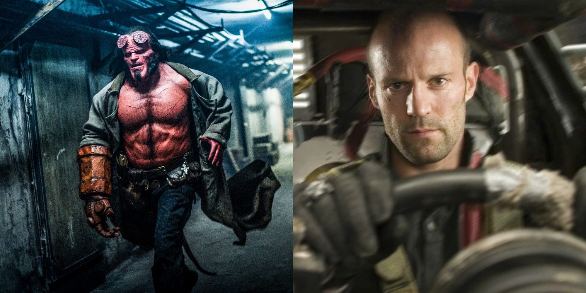 Hellboy running down a hall, Jason Statham driving in Death Race
