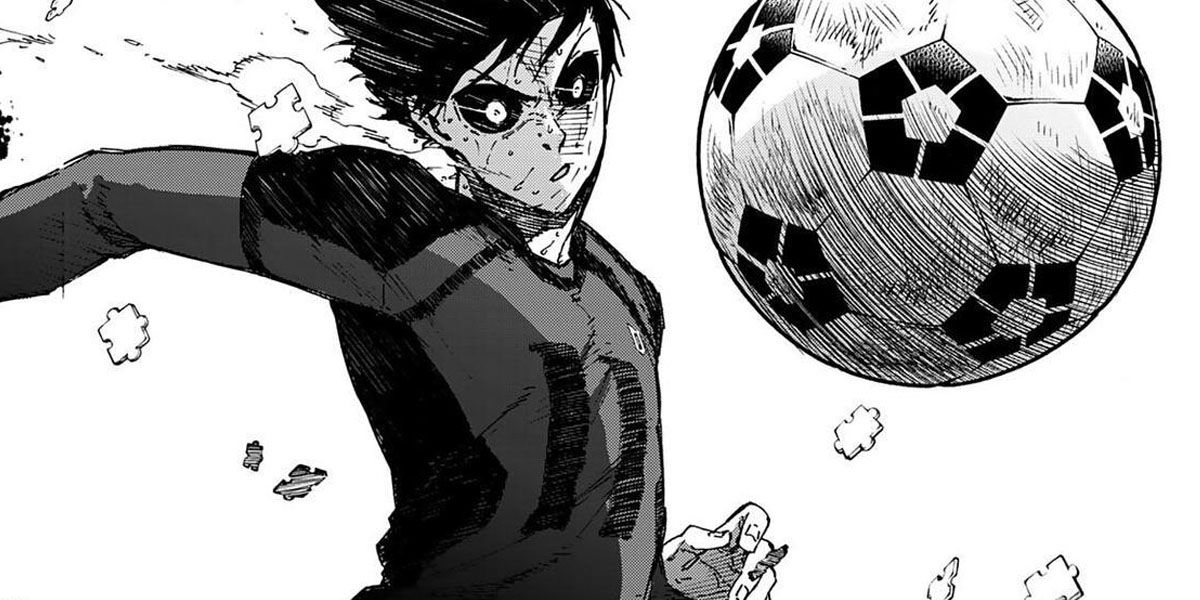 Isagi Yoichi kicking a soccer ball in Blue Lock.