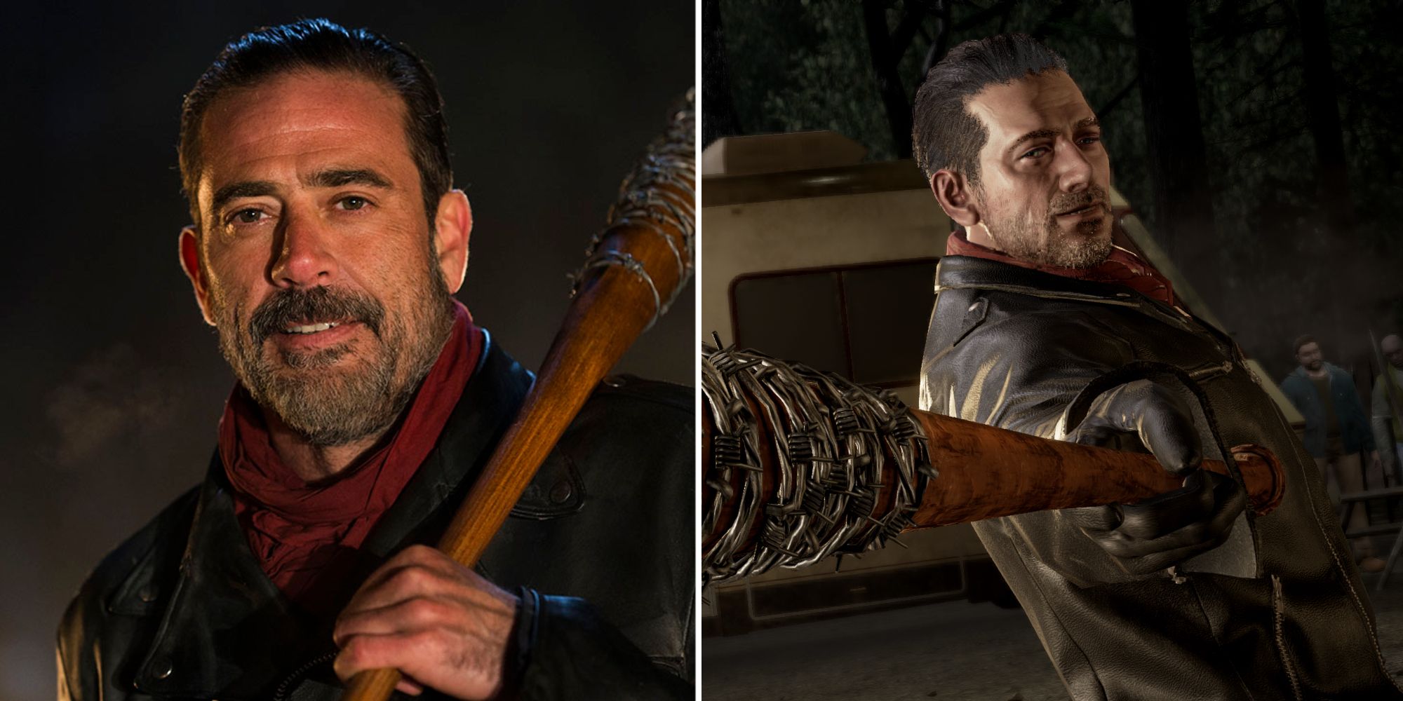 Jeffrey Dean Morgan como Negan em um retrato de personagem de The Walking Dead e como Negan durante sua aparição em Tekken 7