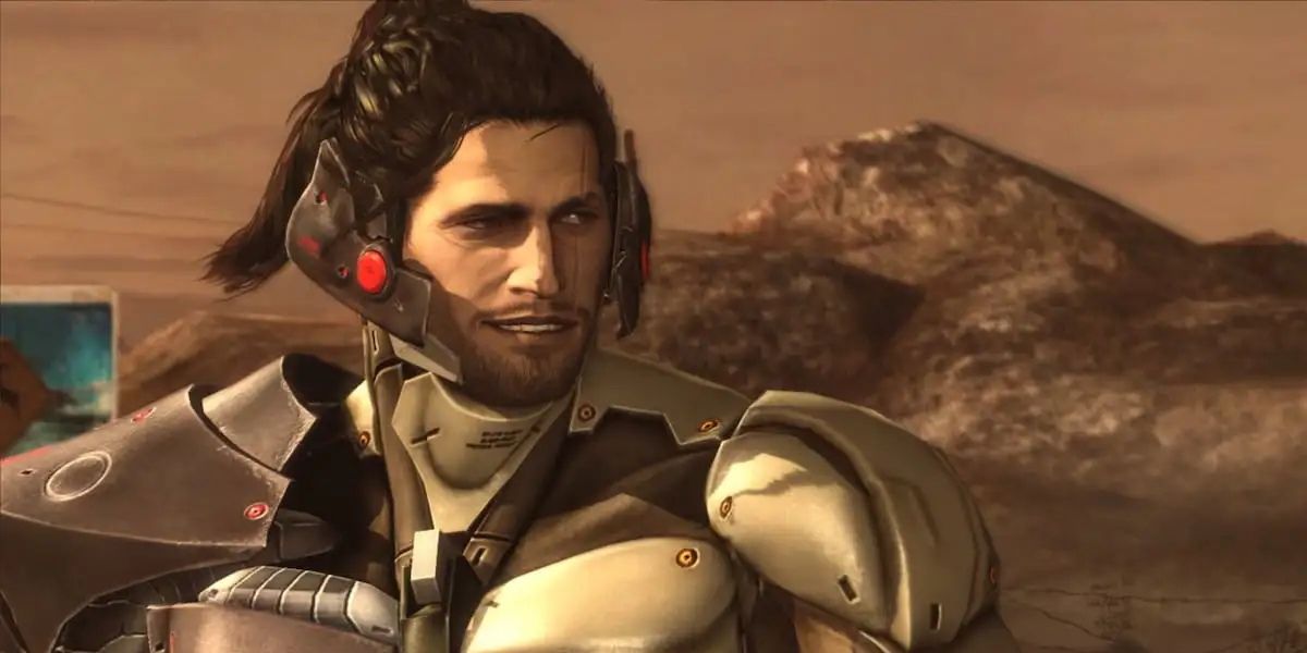 Jetstream Sam se preparando para sua luta final com Raiden em Metal Gear Rising: Revengeance.