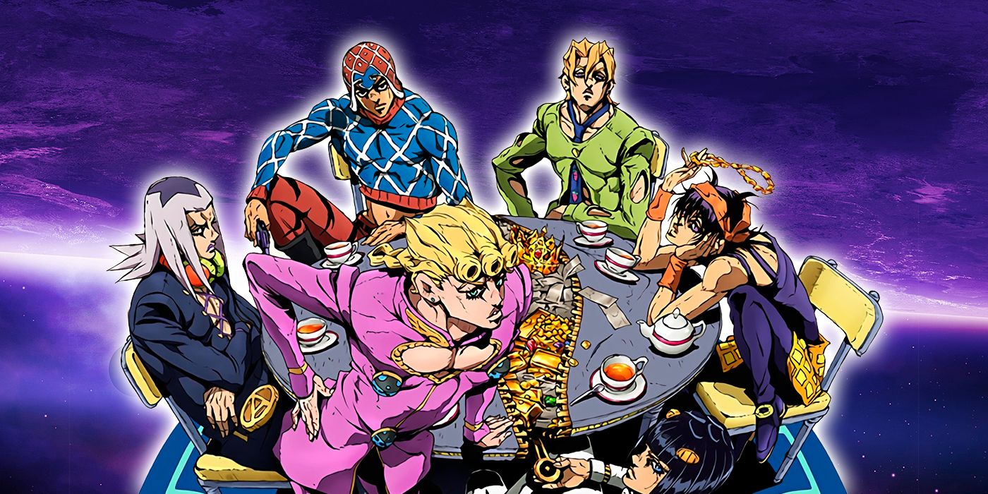 Multiple characters from JoJo's Bizarre Adventure sitting at a table in front of a purple background.