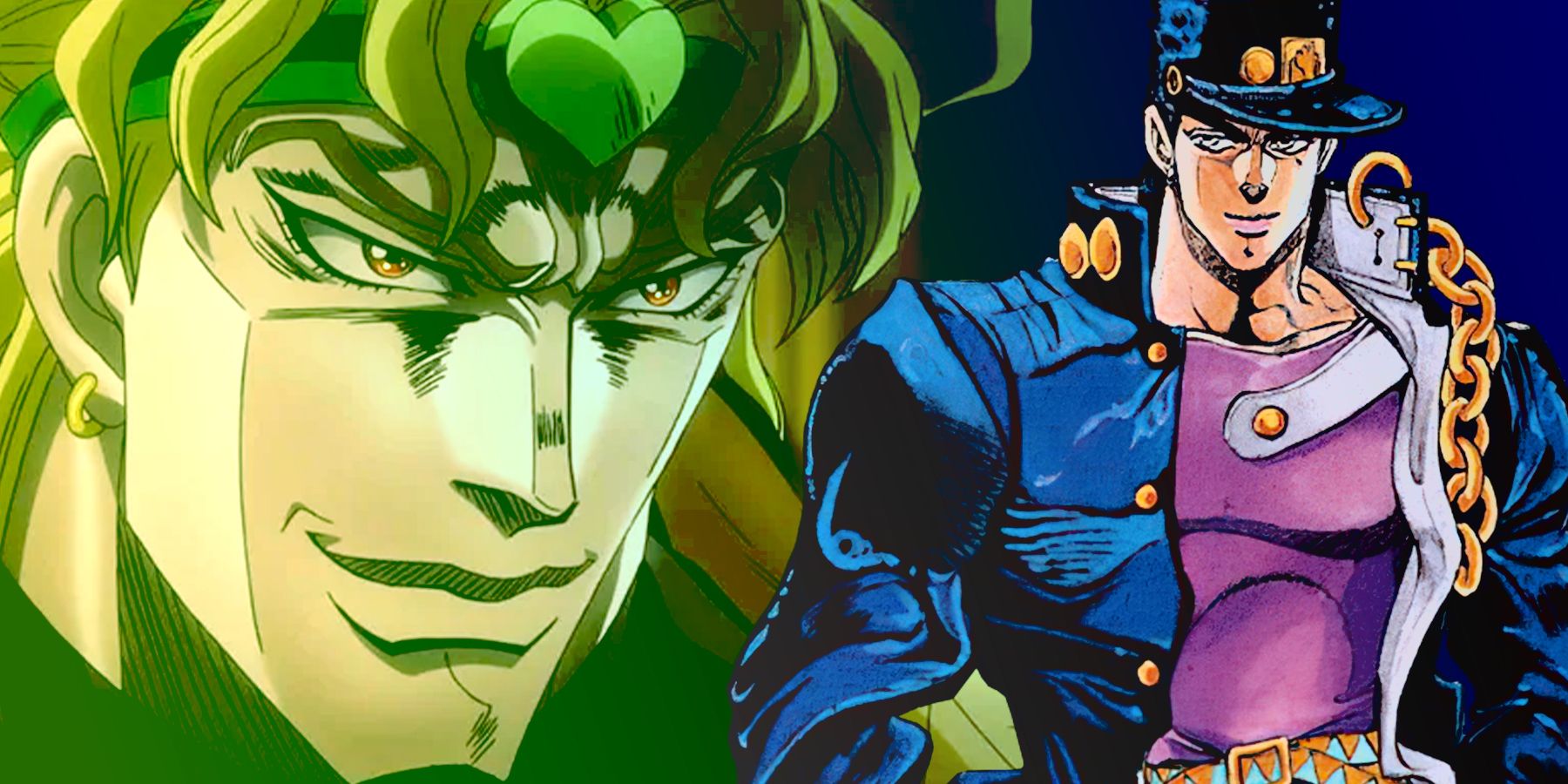 image of jotaro kujo superimposed on a close up of DIO in the background