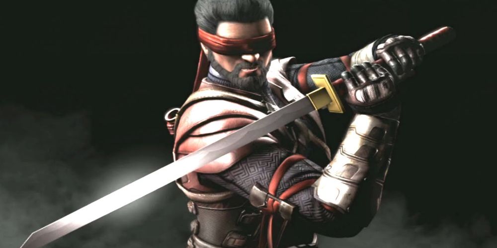 Kenshi com os olhos vendados segurando uma espada em Mortal Kombat.