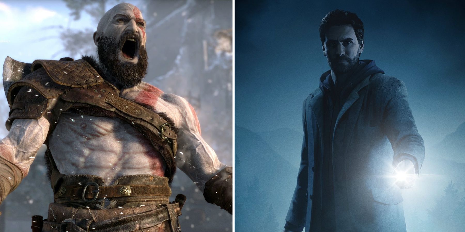 Kratos screams in God of War (2018) and Alan Wake shines his flashlight on the cover of Alan Wake