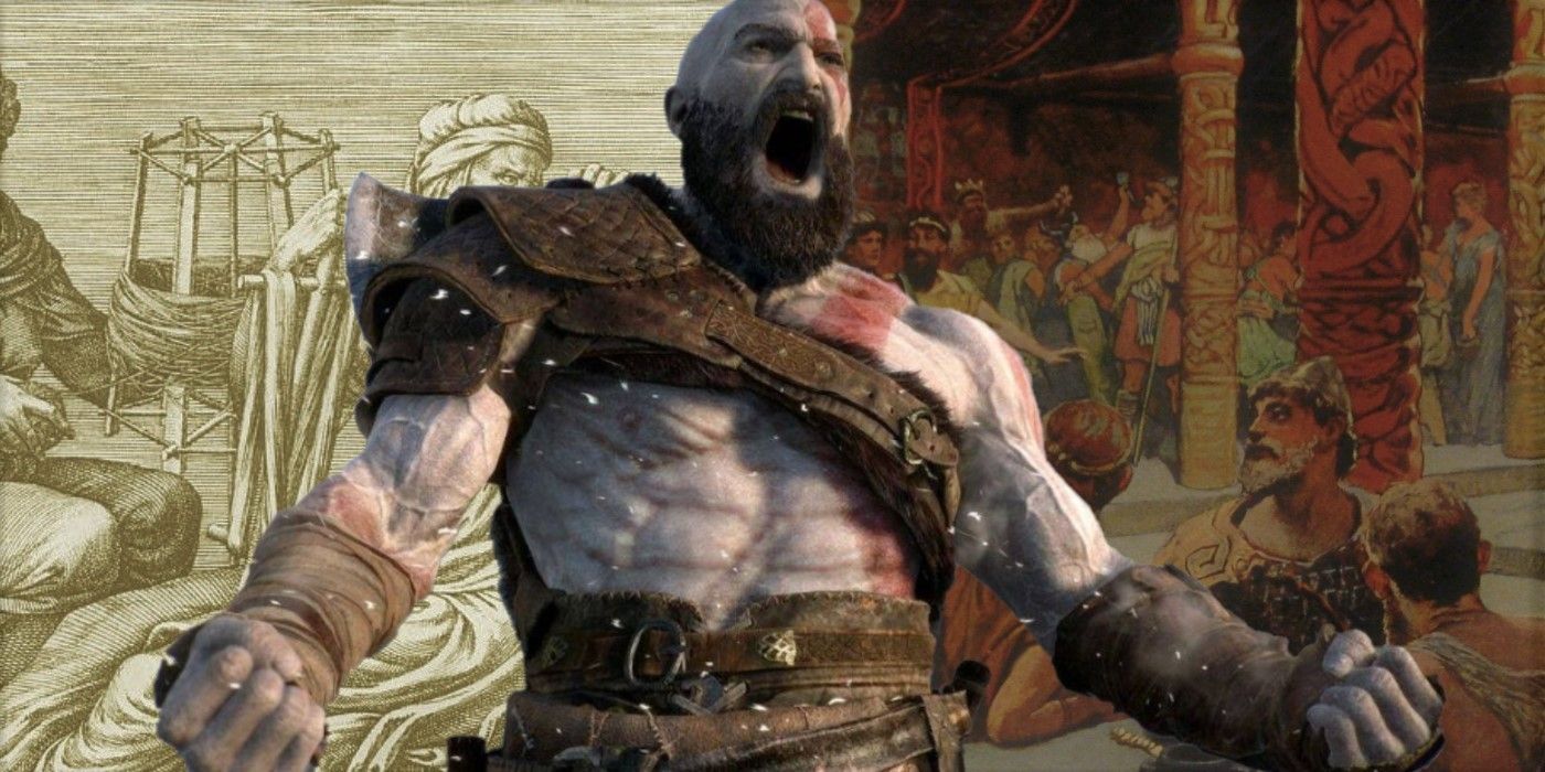 Kratos yells over depictions of the Greek fates and Valhalla