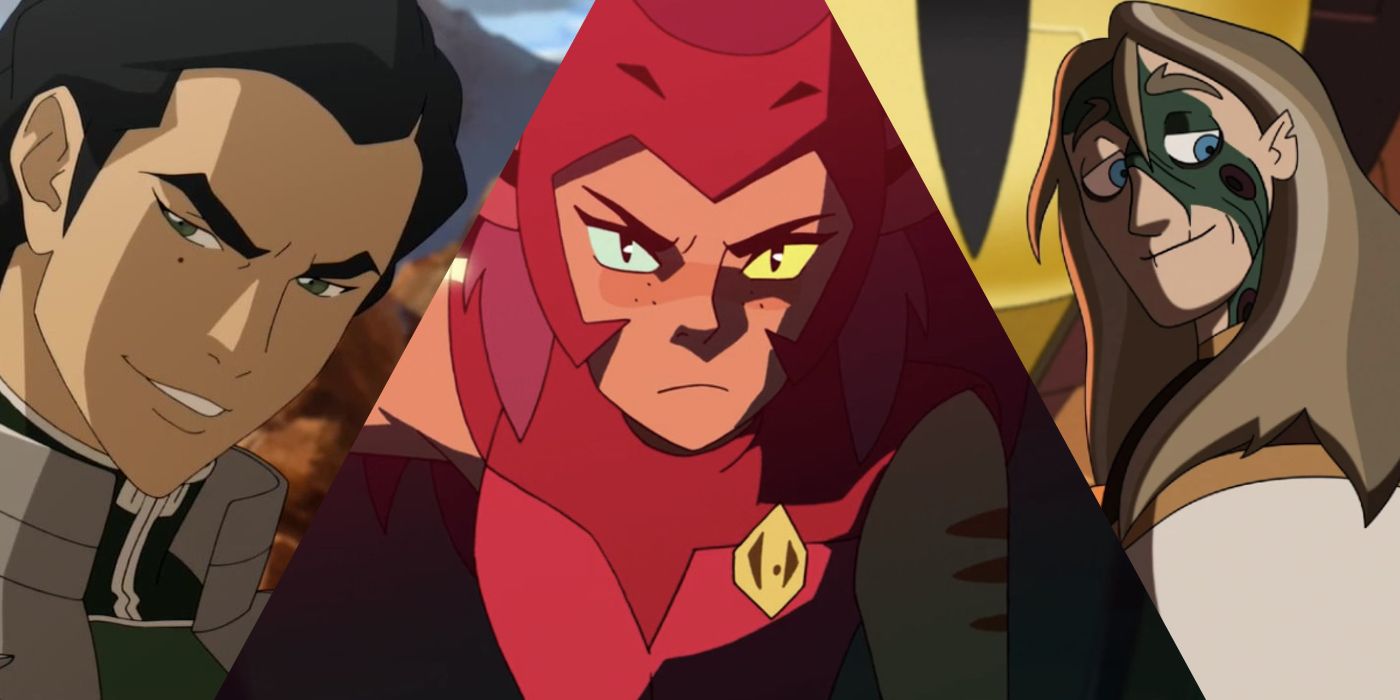 A split image of Kuvira from Legend of Korra, Catra from She-Ra, and Belos from The Owl House
