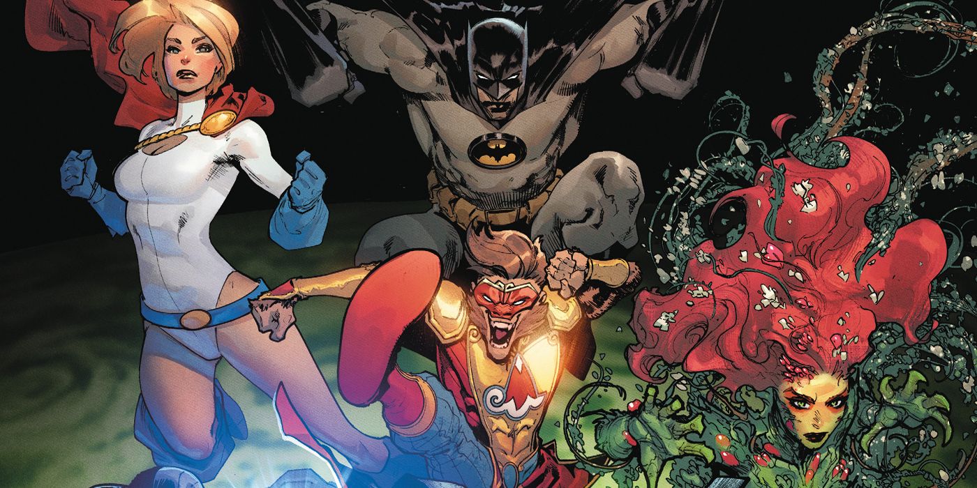 An image of Batman, Power Girl, Poison Ivy, and the Monkey Prince springing into action in DC Comics