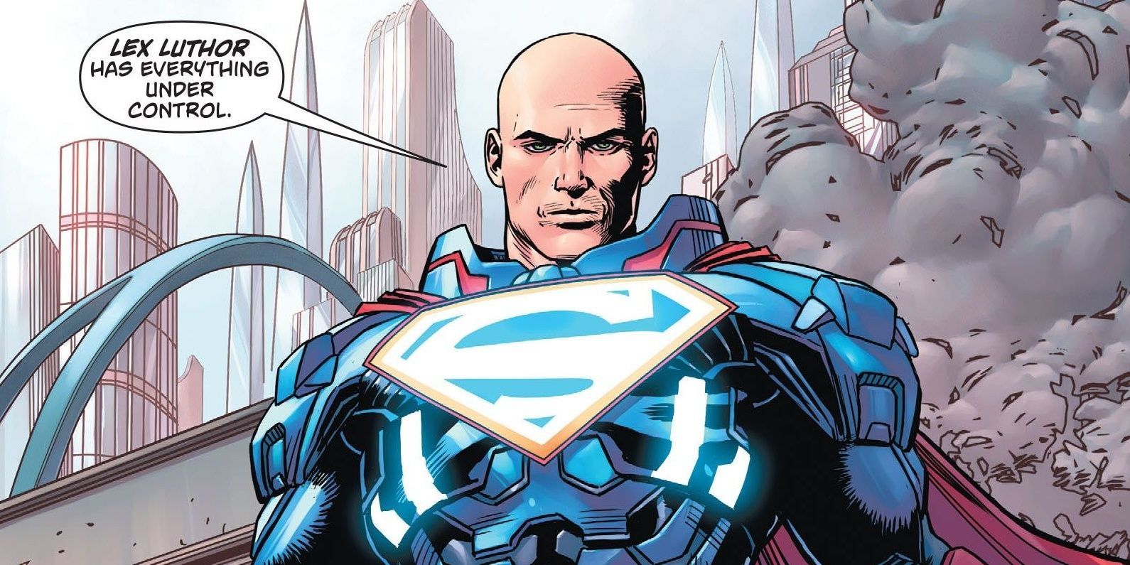 Lex Luthor Wearing powered armor made to look like Superman's costume in DC Comics