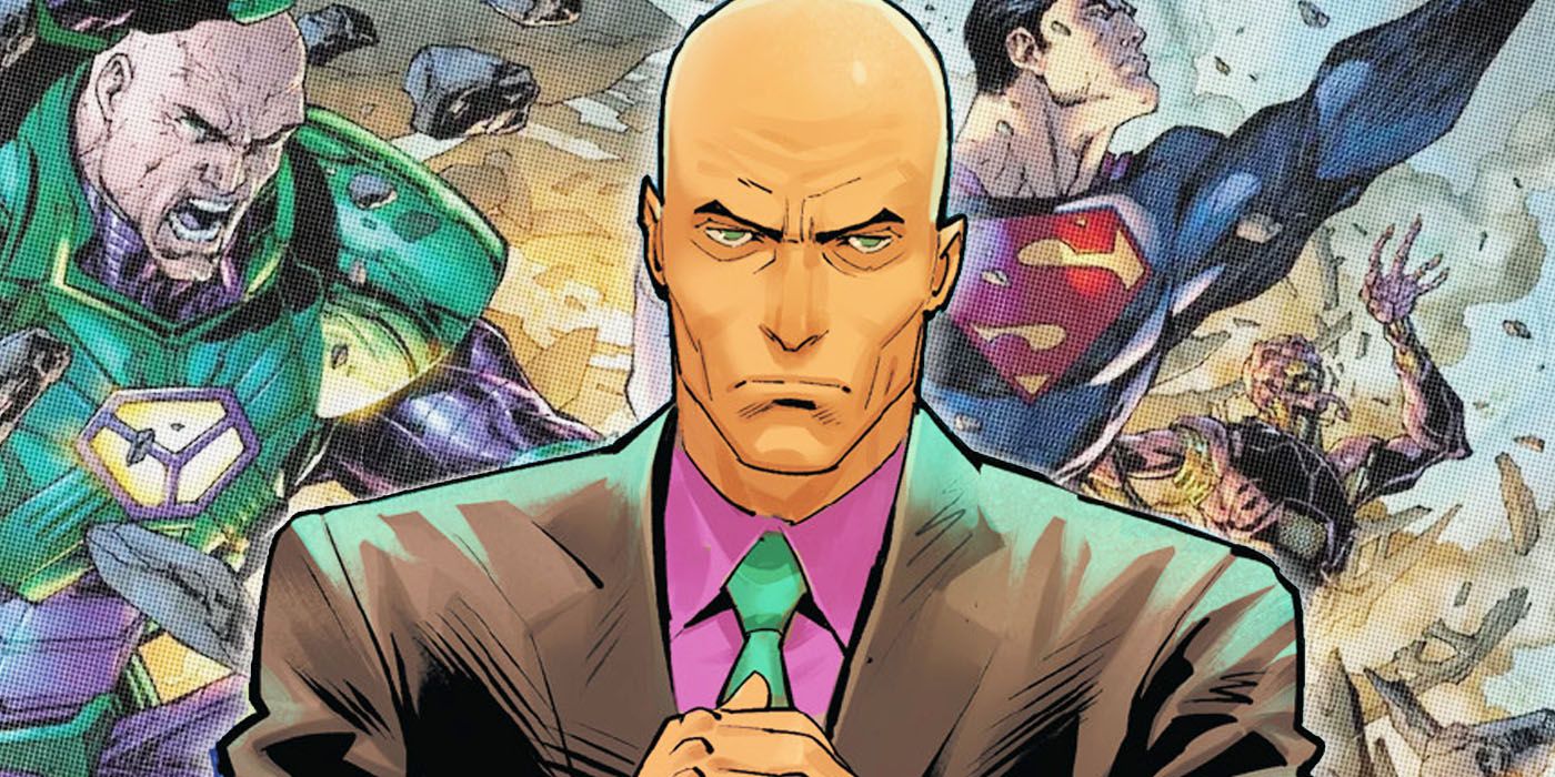 Lex Luthor with Superman and warsuit behind him