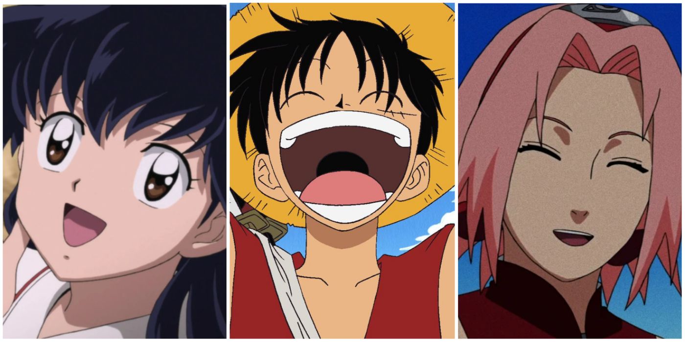 Luffy from One Piece, Kagome from Inuyasha, and Sakura from Naruto split image