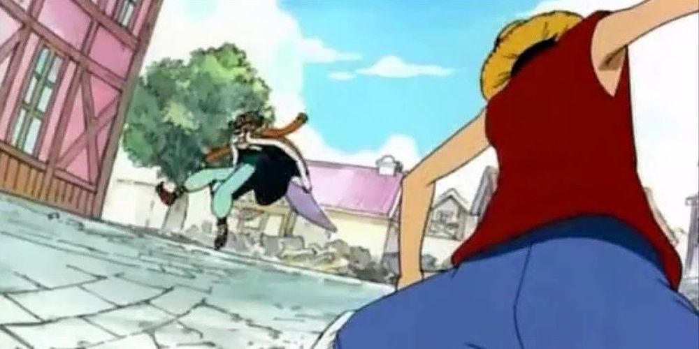 Luffy vs Buggy in Orange Town in One Piece.