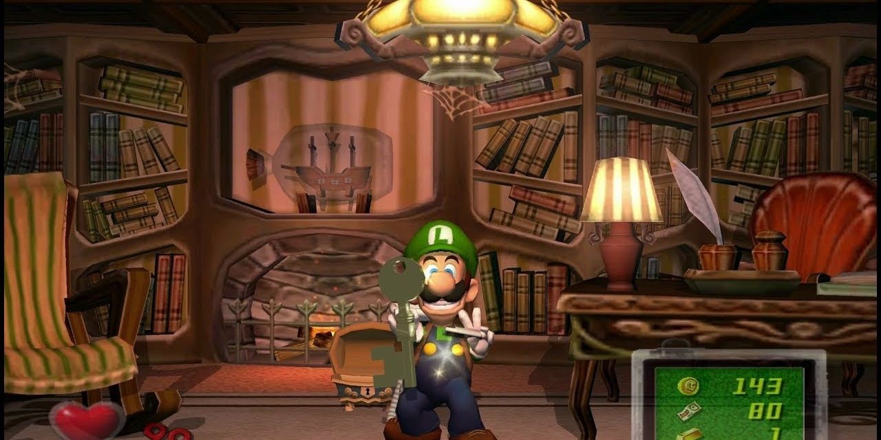 Luigi comemora sua vitória com uma chave na Mansão do Luigi