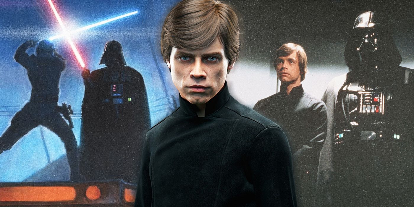 Luke Skywalker and Darth Vader in different scenes in the original Star Wars trilogy