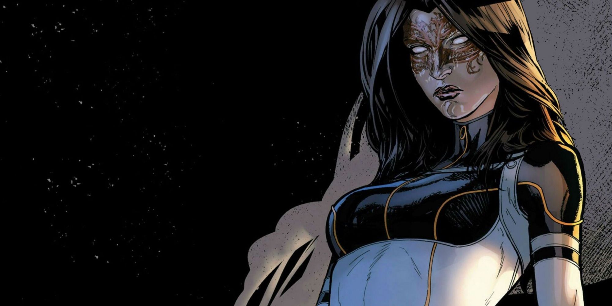Madame Masque in front of smoke from her gun