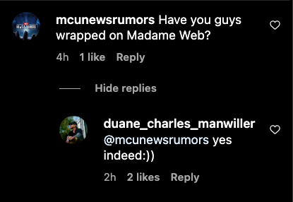 Madame Web Wraps Filming Instagram