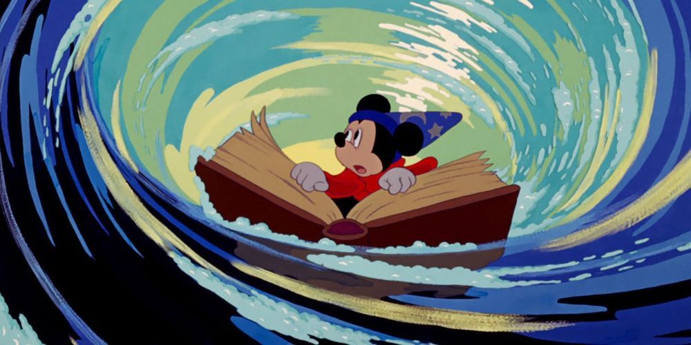 Magician Mickey Rides A Book On Waves In Fantasia
