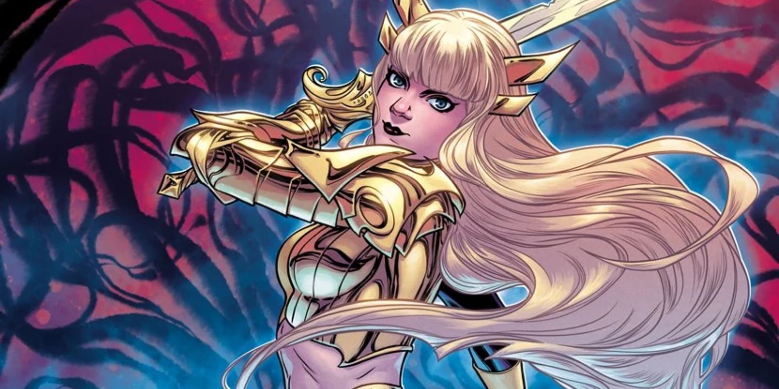 Magik smiles while pulling back her golden SoulsSword to strike in Marvel Comics