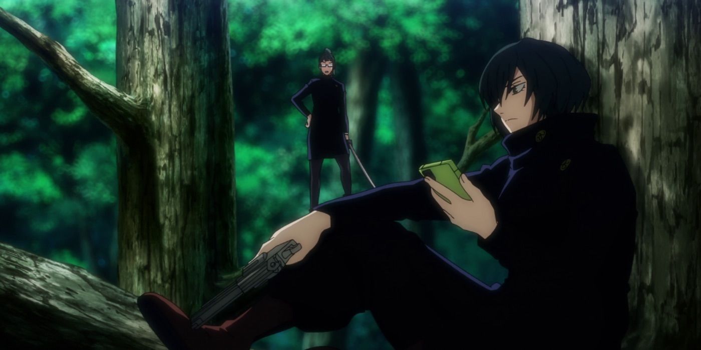 Mai Zenin rests in a tree with her gun in Jujutsu Kaisen. Maki is talking to her from a different tree.