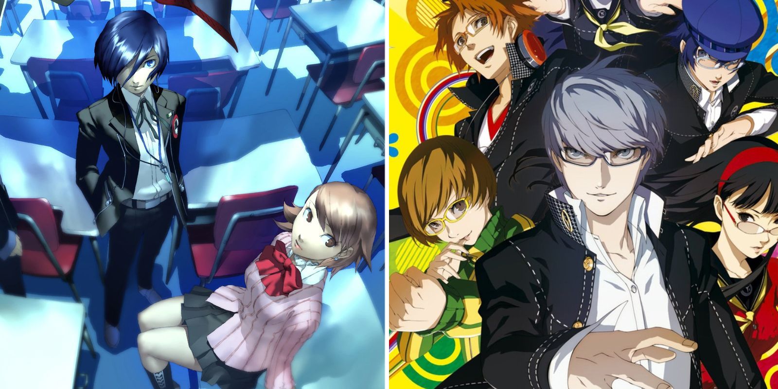 Makoto and Yukari on key art for Persona 3 and Chie, Yosuke, Yu, Naoto, and Yukiko on the cover of Persona 4 Golden
