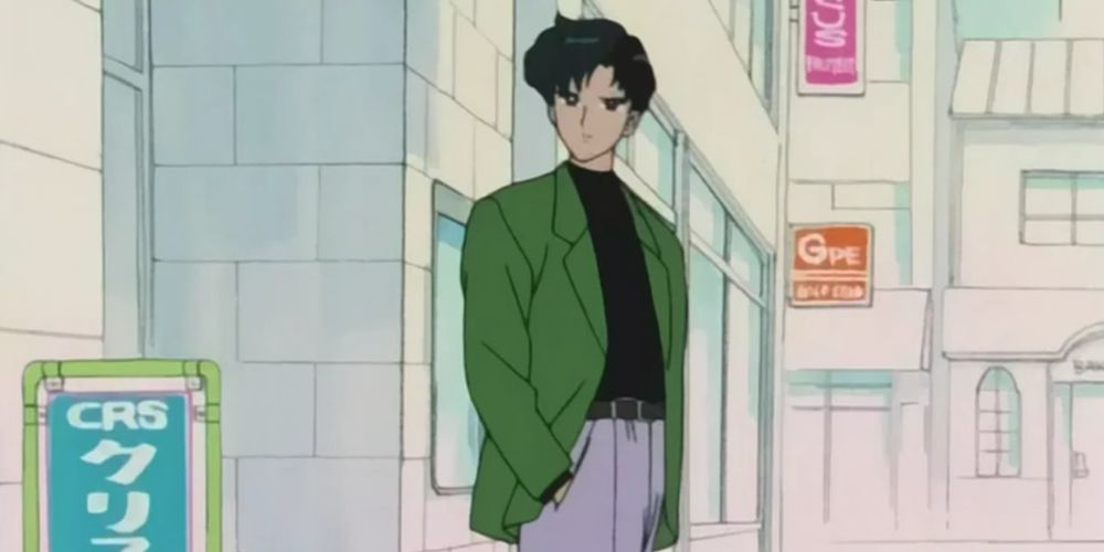 Mamoru Chiba is wearing a green blazer and gray paper bag pants from Salor Moon.