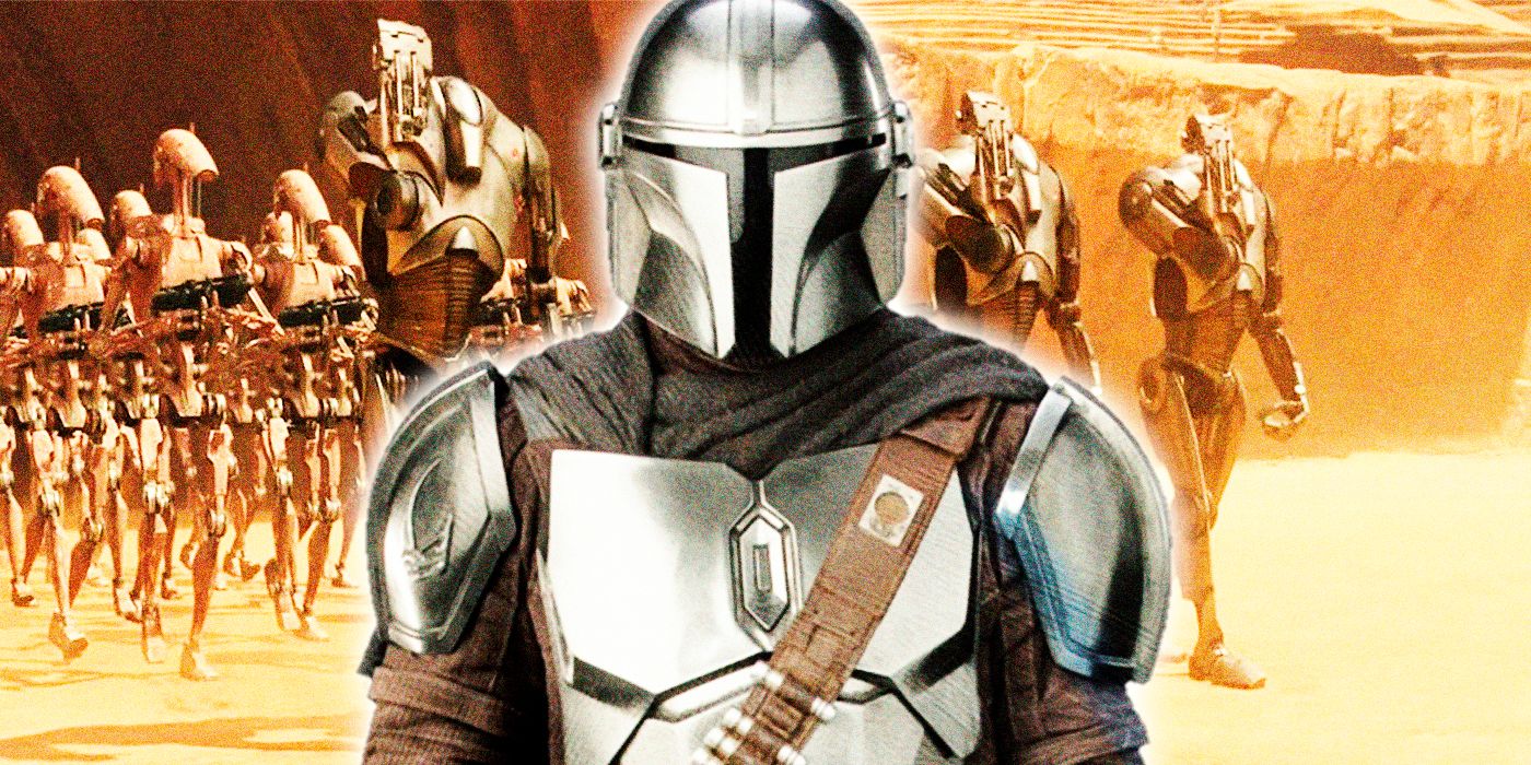 The Mandalorian's Din Djarin in front of a legion of battle droids in Star Wars: Attack of the Clones.