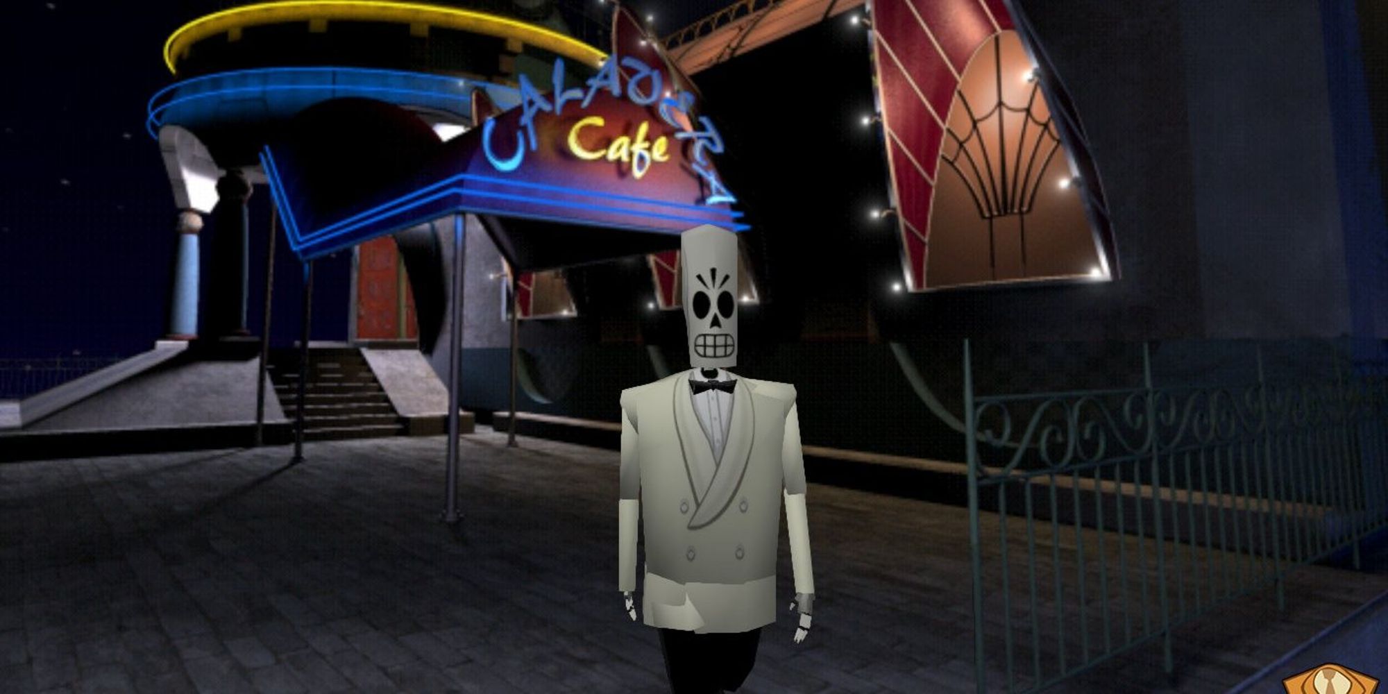 Manny Calavera standing outside the Calavera Cafe in Year 2 of Grim Fandango