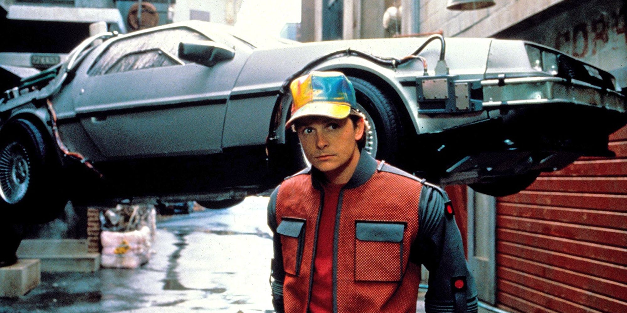 Marty McFly is standing before the flying DeLorean in Back to the Future Part II