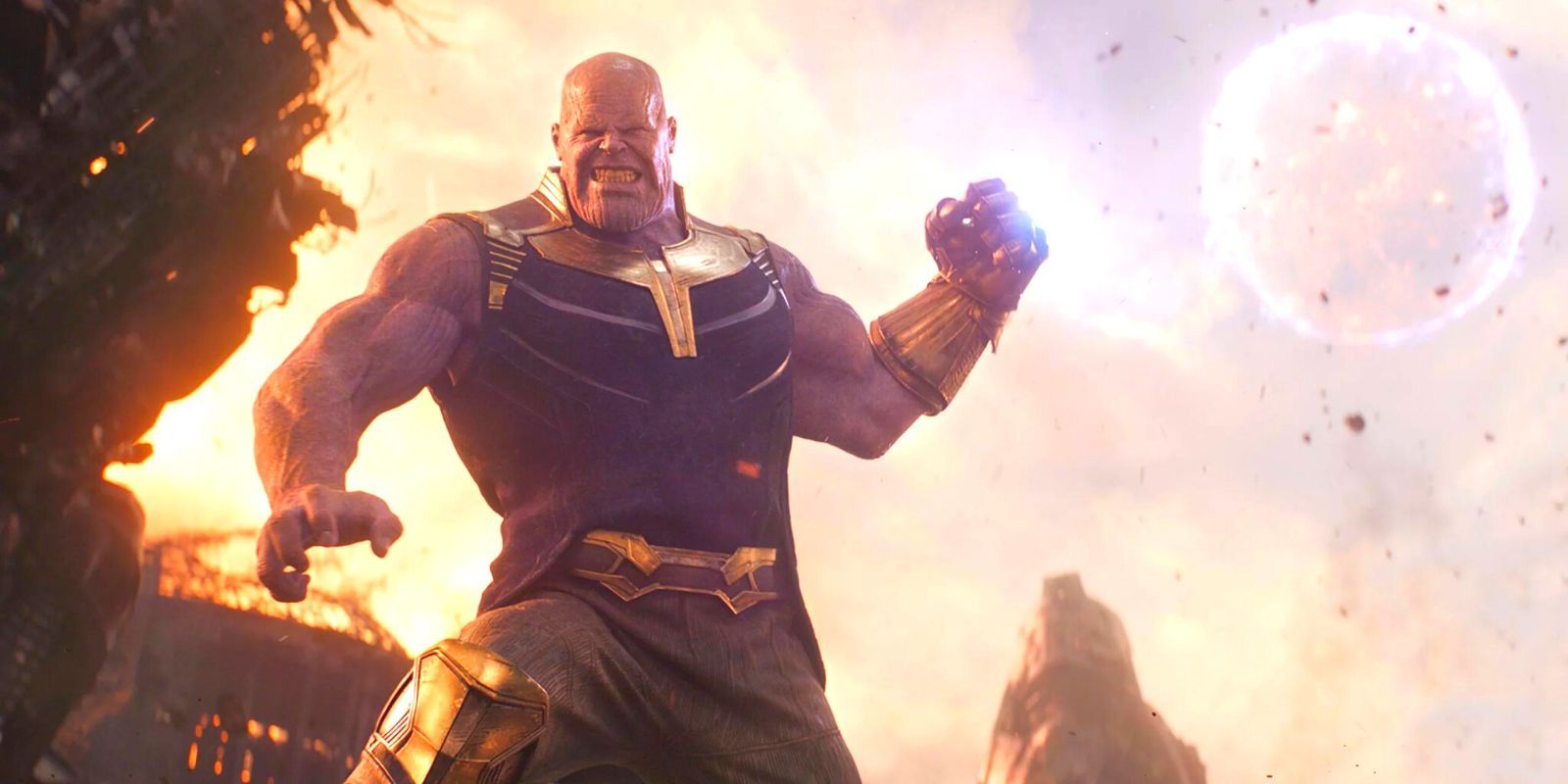 The MCU's Thanos using the Infinity Gauntlet to destroy a moon