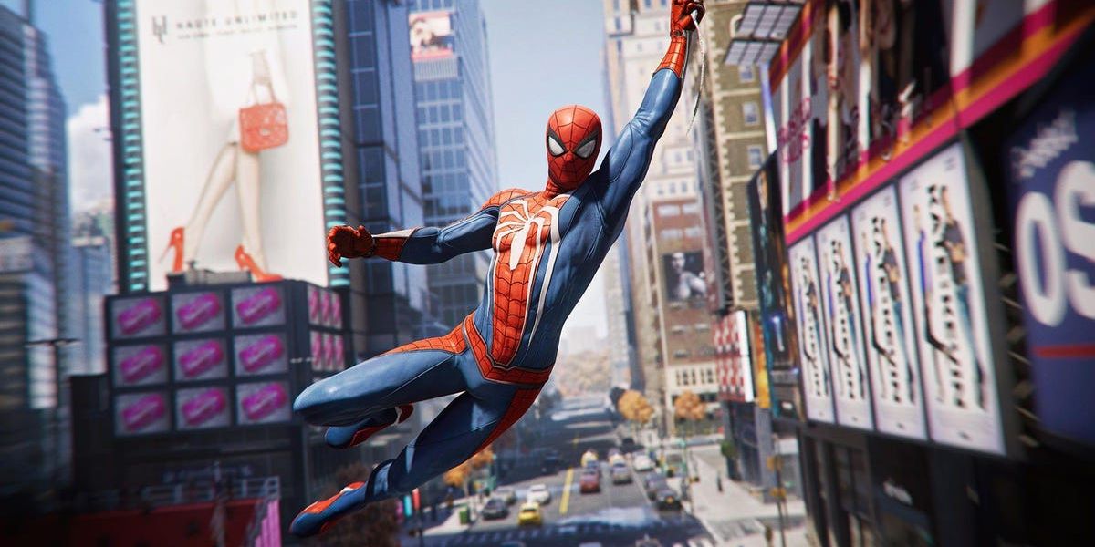 Spider-Man (Peter Parker) swings through New York in Marvel's Spider-Man