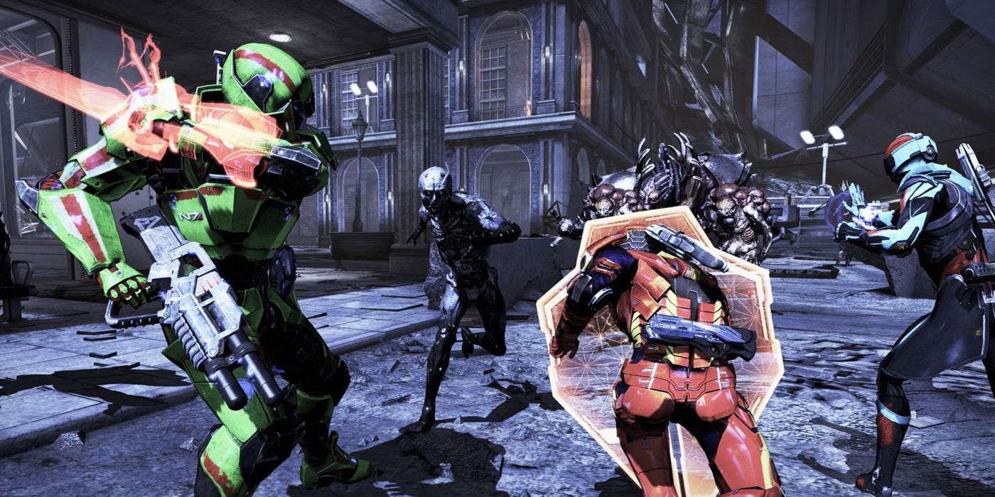 Two players fighting Reapers in Mass Effect 3 multiplayer.