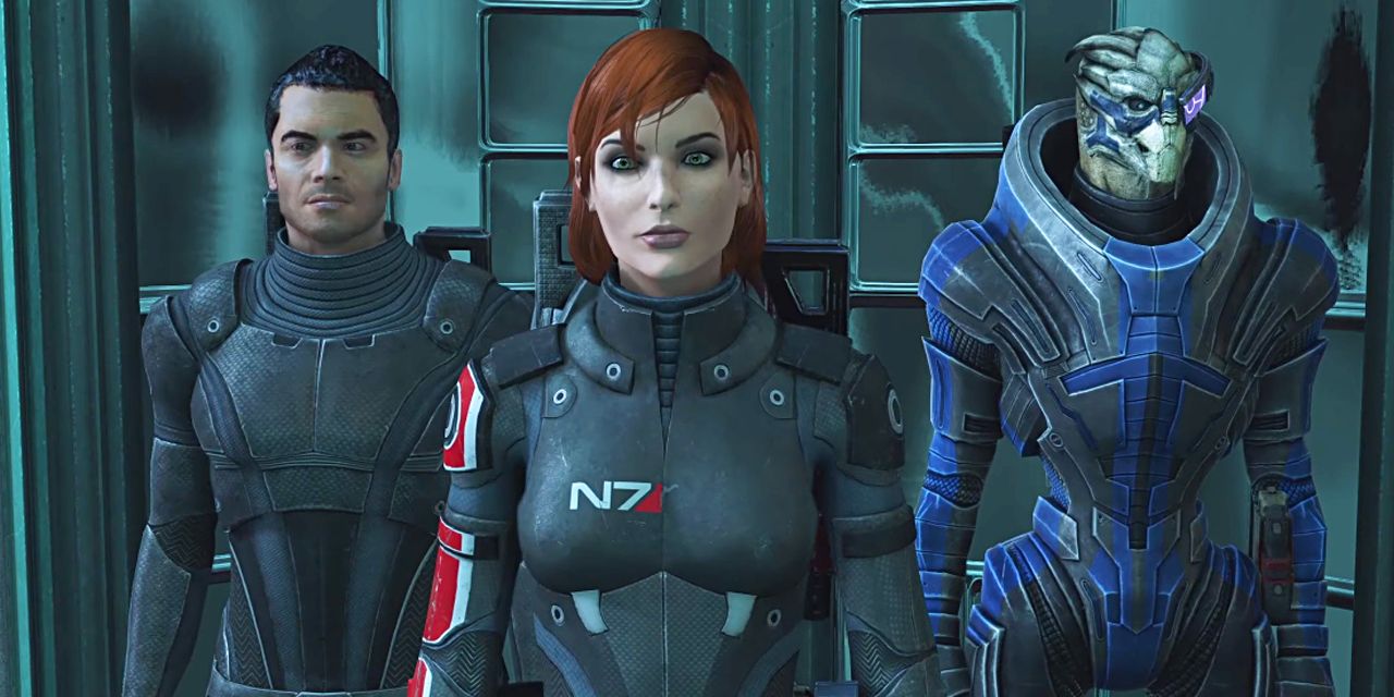 Kaidan Alenko, female Commander Shepard, and Garrus in Mass-Effect Legendary Edition