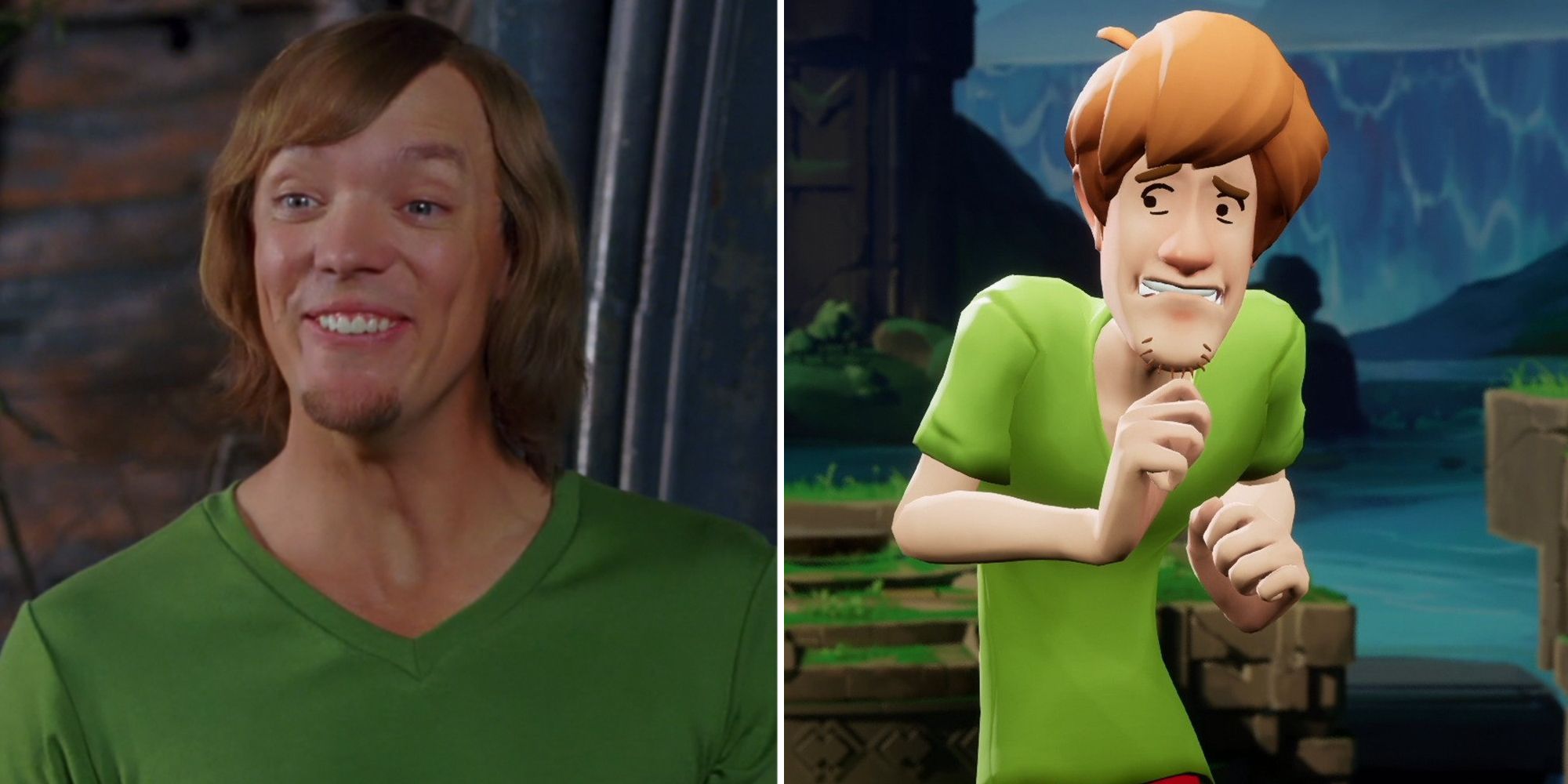 Matthew Lillard as Shaggy in the Scooby-Doo movie as well as Shaggy scared in MultiVersus