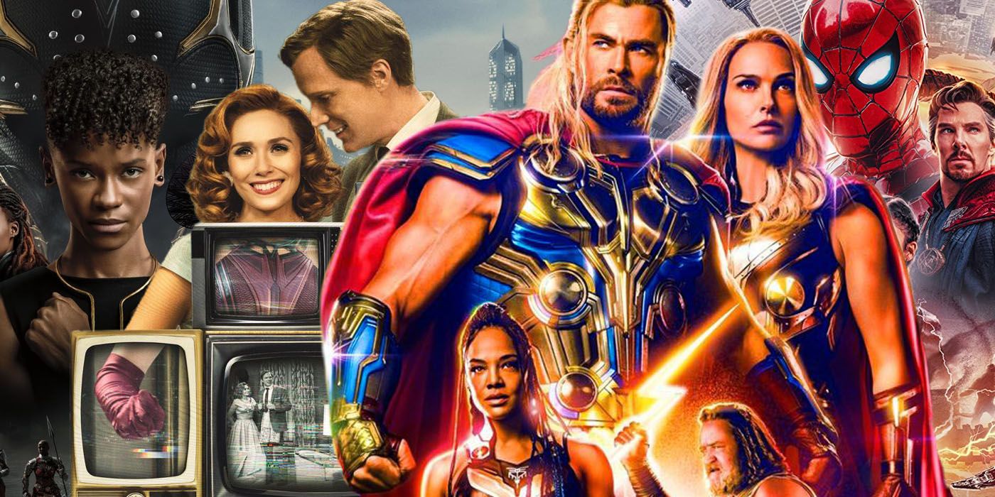 MCU Phase 4 characters assembled, including Thor, Wanda, Spider-Man, and Doctor Strange