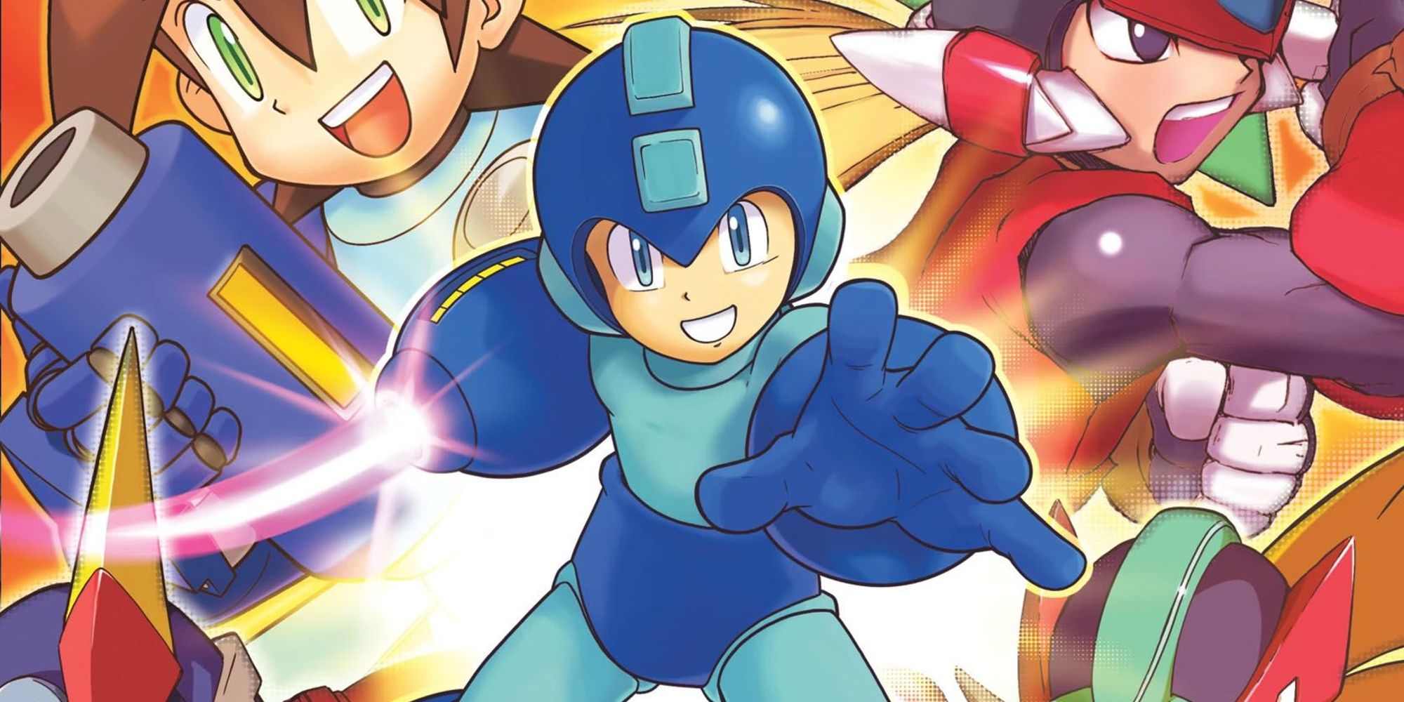 Rockman wielding a Mega Buster in the game's key artwork