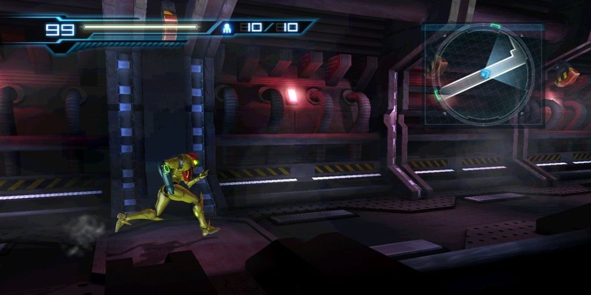Samus Aran sprinting down a corridor in Metroid: Other M