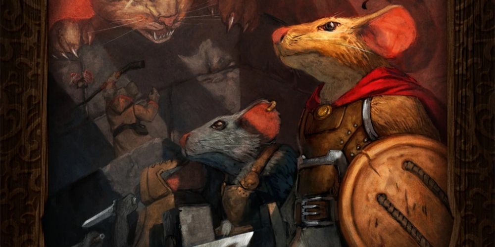 Mice armed with weapoms on the cover of Mice and Mystics game