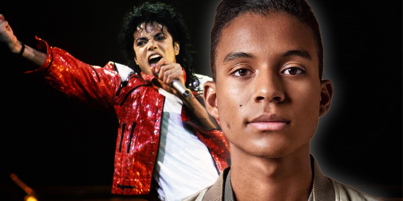 Jaafar Jackson in front of a photo of Michael Jackson from the 1980s.