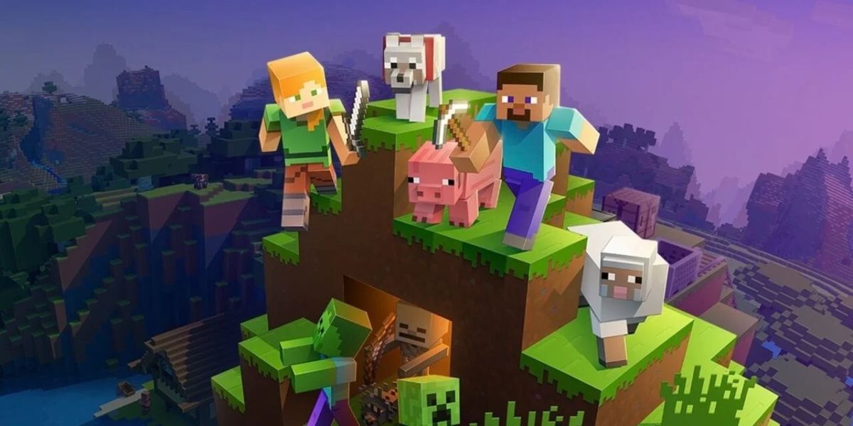 Steve, Alex y algunos animales sobreviven la noche en el juego Minecraft: Bedrock Edition