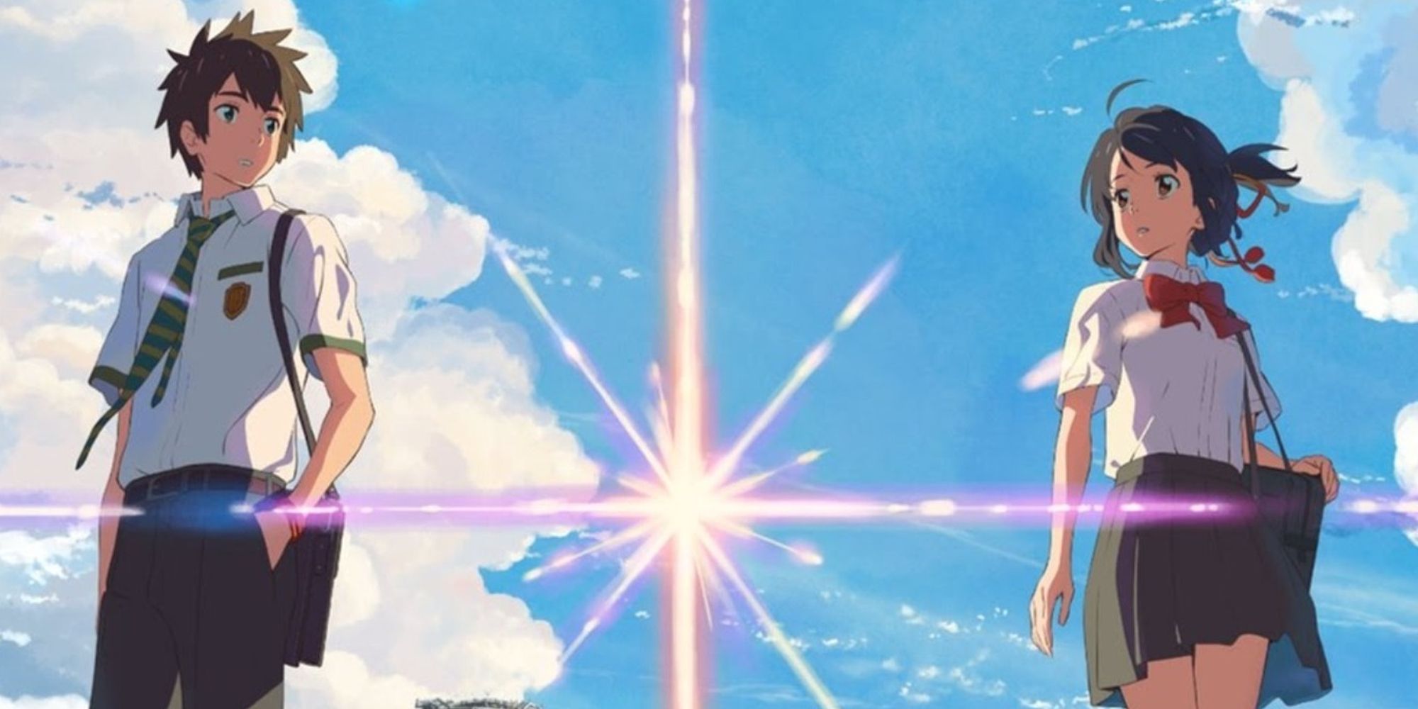 Mitsuha e Taki entre a estrela dos desejos no pôster do anime Your Name (2016)