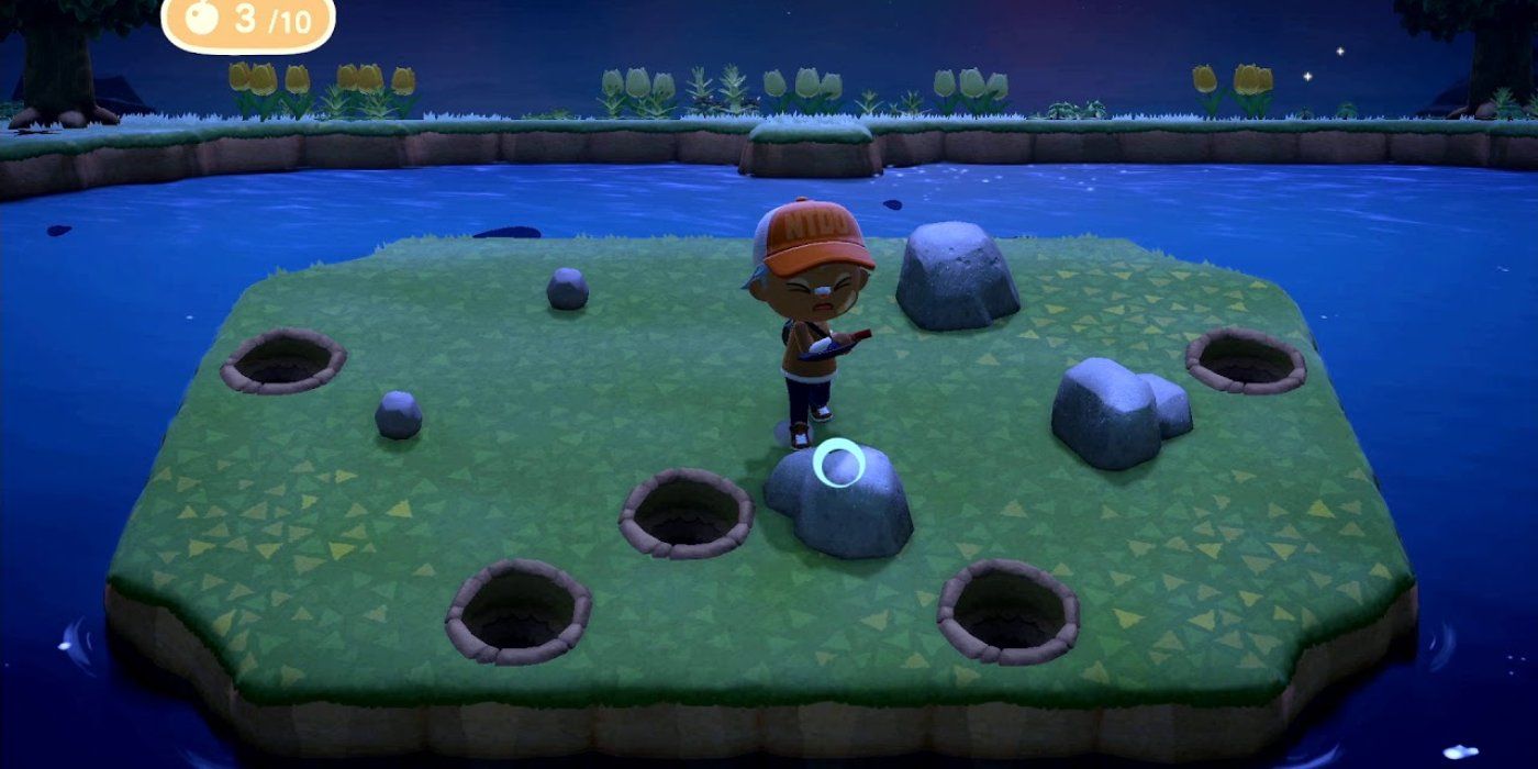 Player hitting rocks on a Money Rock Island in Animal Crossing: New Horizons