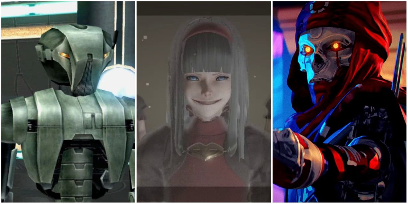 A split image showing HK-50 in Star Wars: Knights of the Old Republic II, The Red Girl from NieR: Automata, and Revenant in Apex Legends