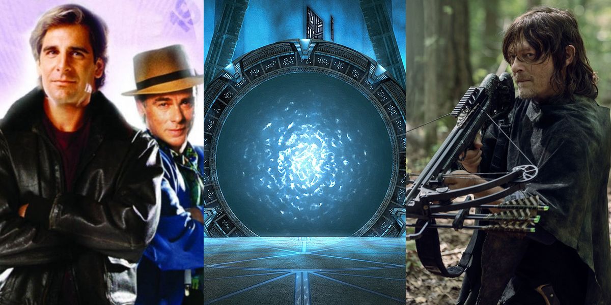 3-image collage of Sam Beckett and Al from Quantum Leap, the Stargate portal, and Daryl Dixon from The Walking Dead
